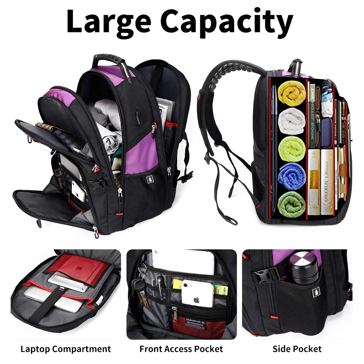 Extra Large 50L Travel Laptop Backpack with USB Charging Port Fit 17 Inch Laptops | Purple