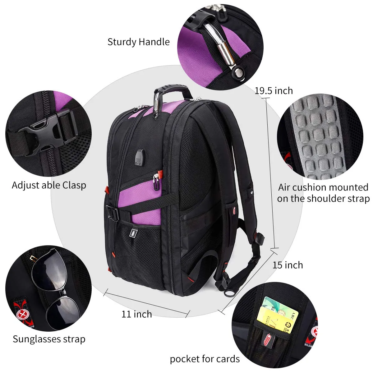 Extra Large 50L Travel Laptop Backpack with USB Charging Port Fit 17 Inch Laptops | Purple