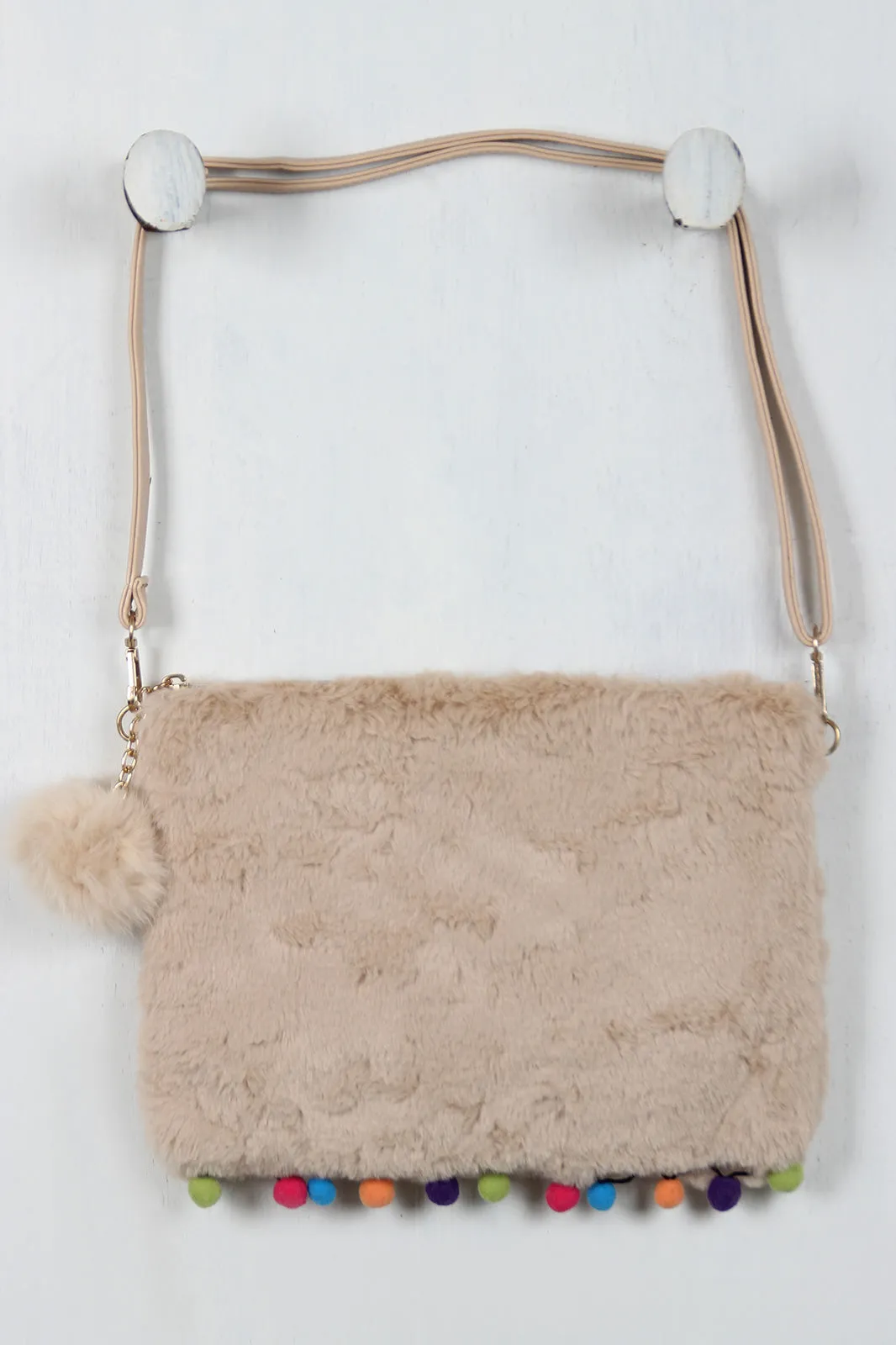 Furry Pom Pom Cross Body Pouch