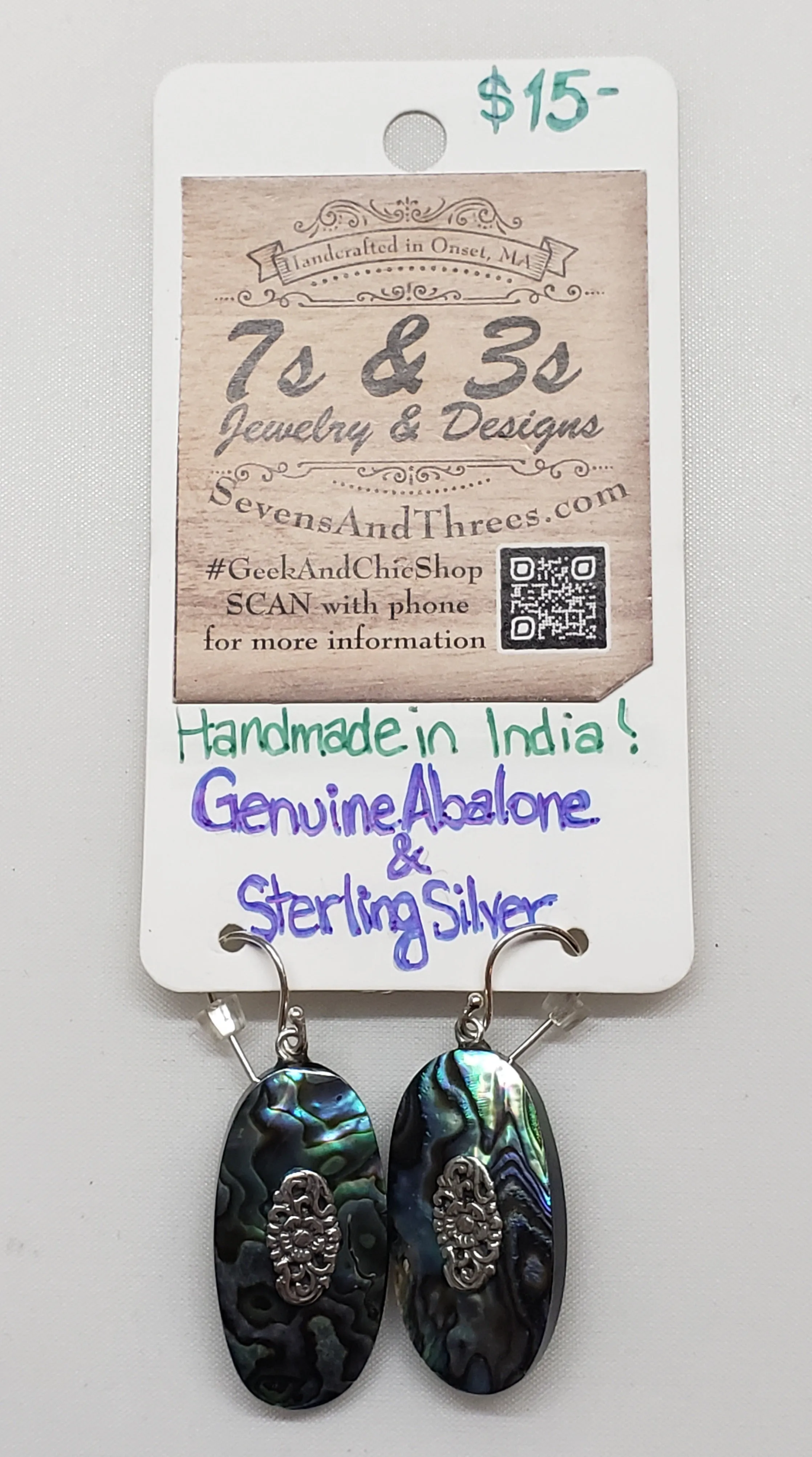 Genuine Abalone & Sterling Silver, Fish Hook Earrings. Handmade in India.