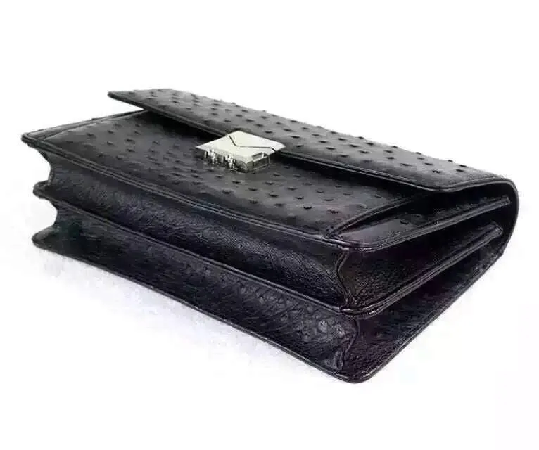 Genuine Ostrich Leather Foldover Clutch Bag/Travel Case Black For Men