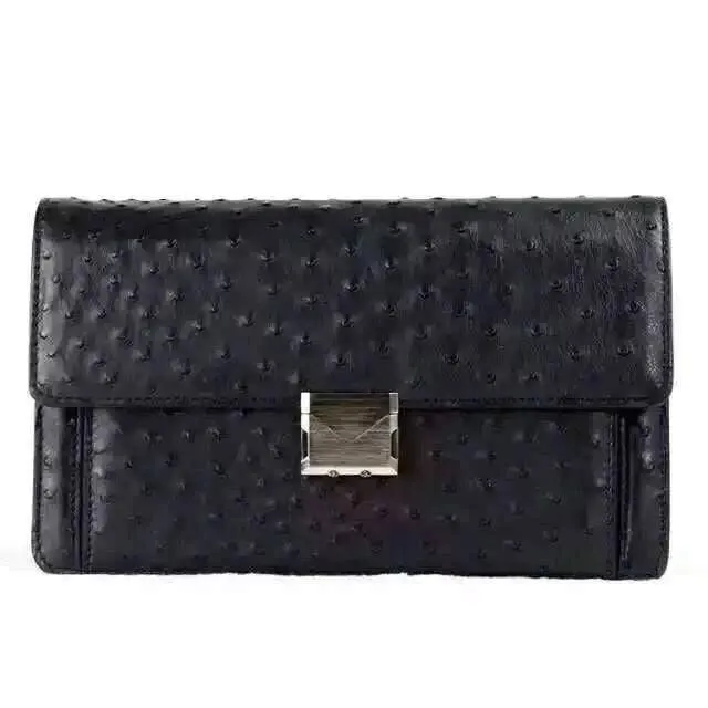 Genuine Ostrich Leather Foldover Clutch Bag/Travel Case Black For Men