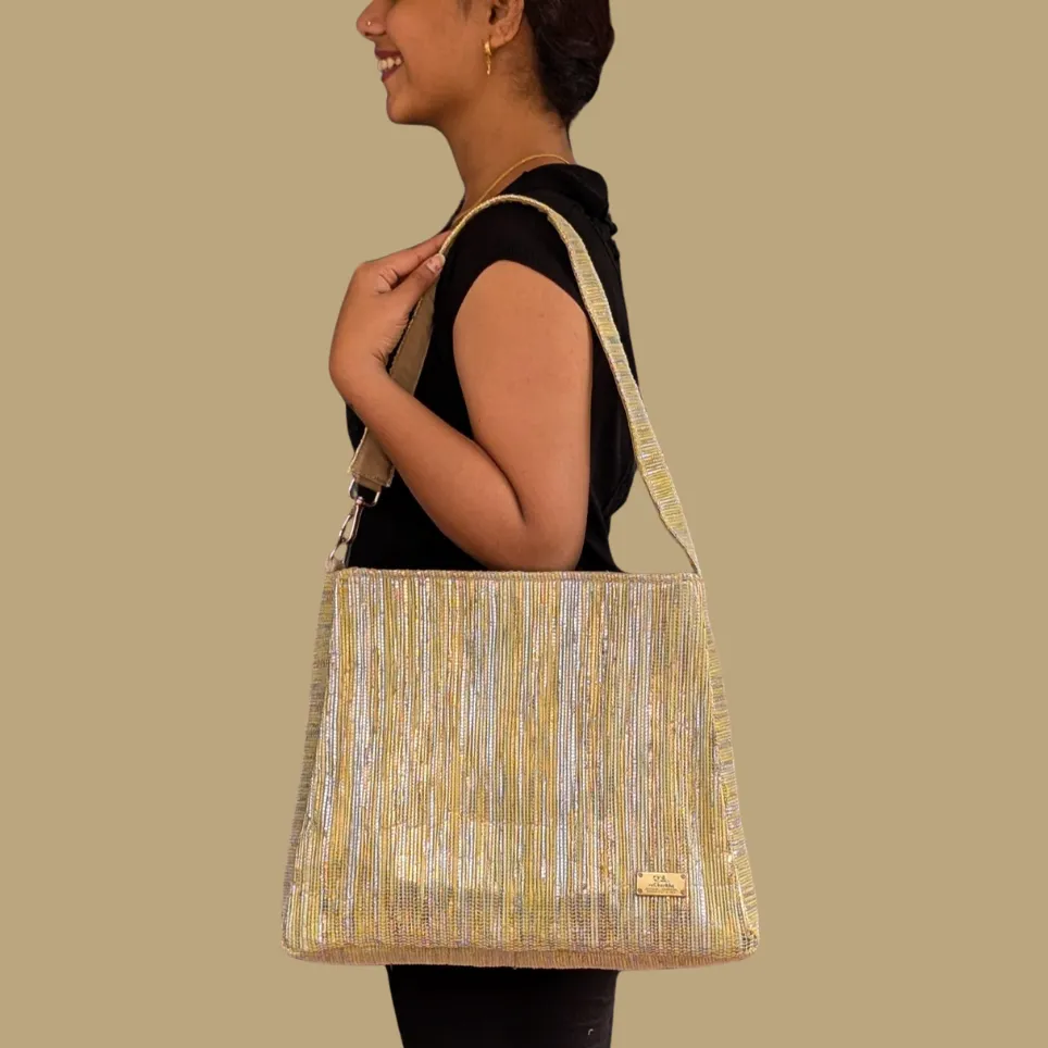 Golden Shimmery White Upcycled Handwoven Trapeze Tote (TT0125-003) PS_W