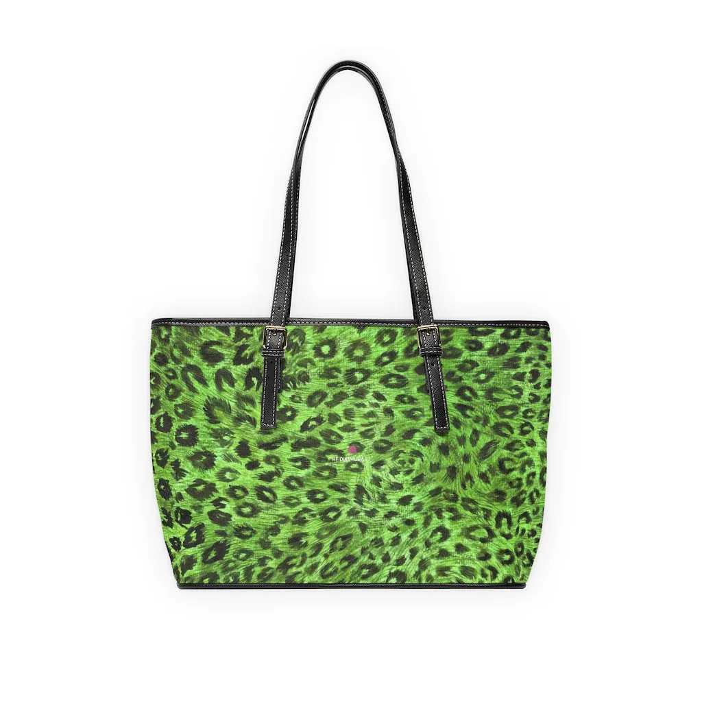 Green Leopard Print Tote Bag, Animal Print PU Leather Shoulder Hand Work Bag 17"x11"/ 16"x10"