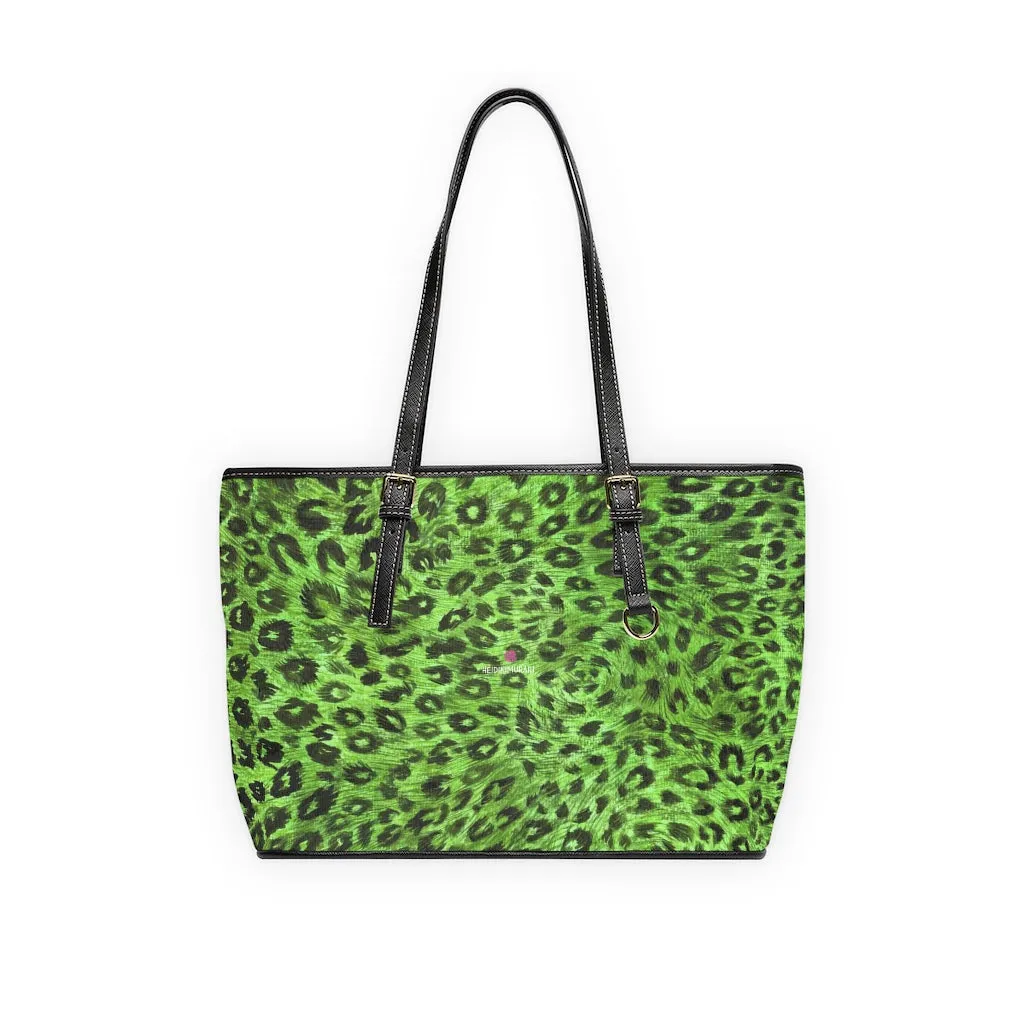 Green Leopard Print Tote Bag, Animal Print PU Leather Shoulder Hand Work Bag 17"x11"/ 16"x10"