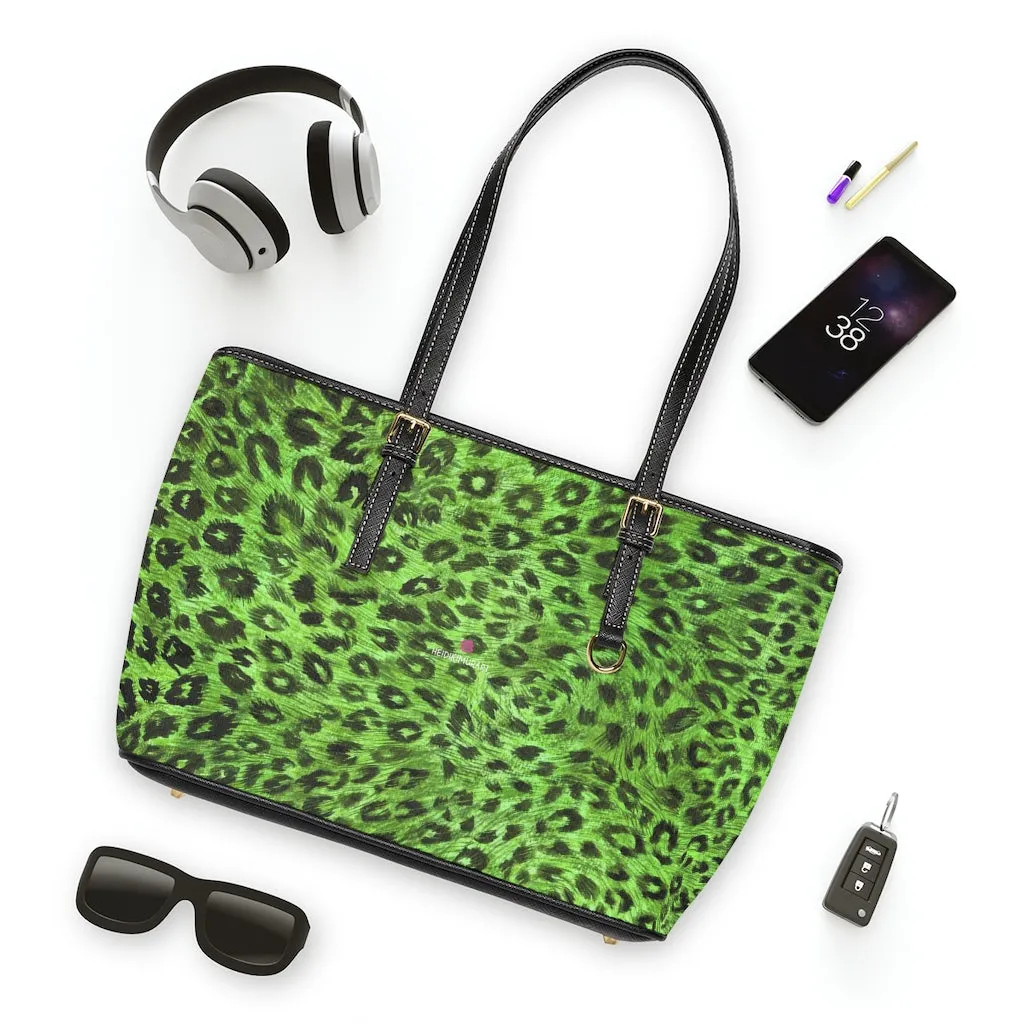 Green Leopard Print Tote Bag, Animal Print PU Leather Shoulder Hand Work Bag 17"x11"/ 16"x10"