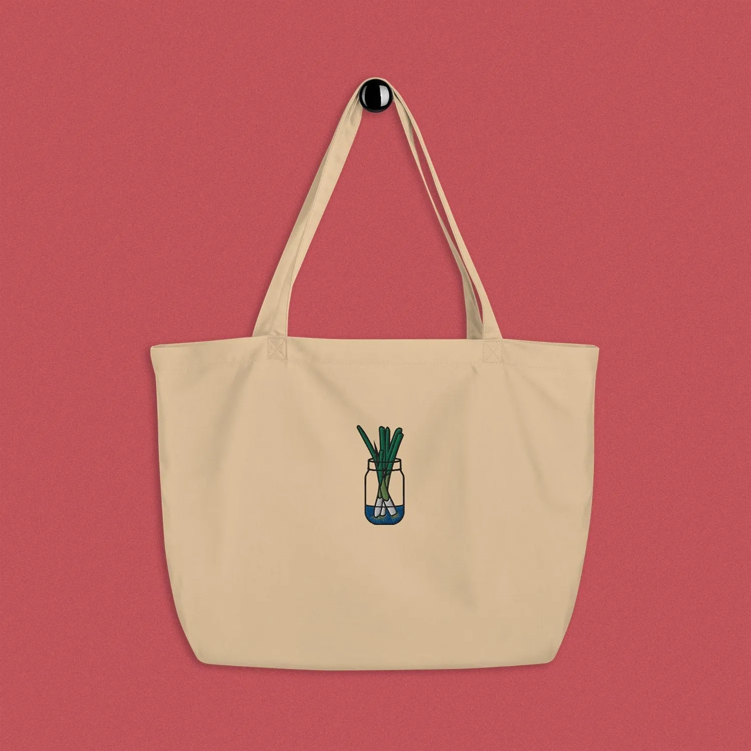 Green Onion Embroidered Large Tote