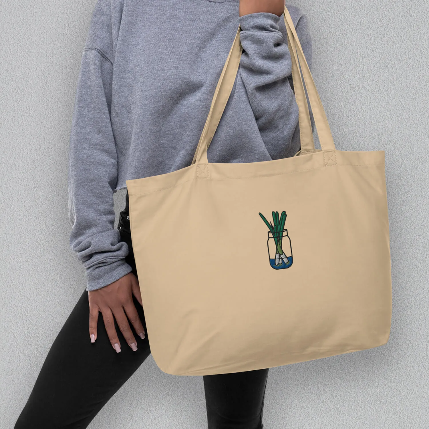 Green Onion Embroidered Large Tote