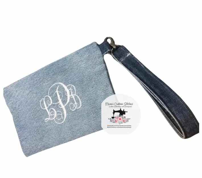 Handmade Personalized Monogram Repurposed Denim Wristlet Clutch Bag , Gifts for Her