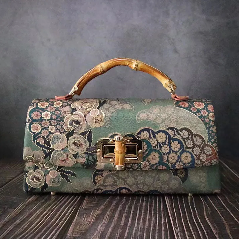 Handmade Vintage Green Roses and Flowers Bamboo Handle Silk Clutch