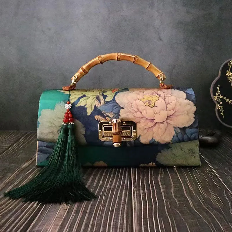 Handmade Vintage Green Roses and Flowers Bamboo Handle Silk Clutch