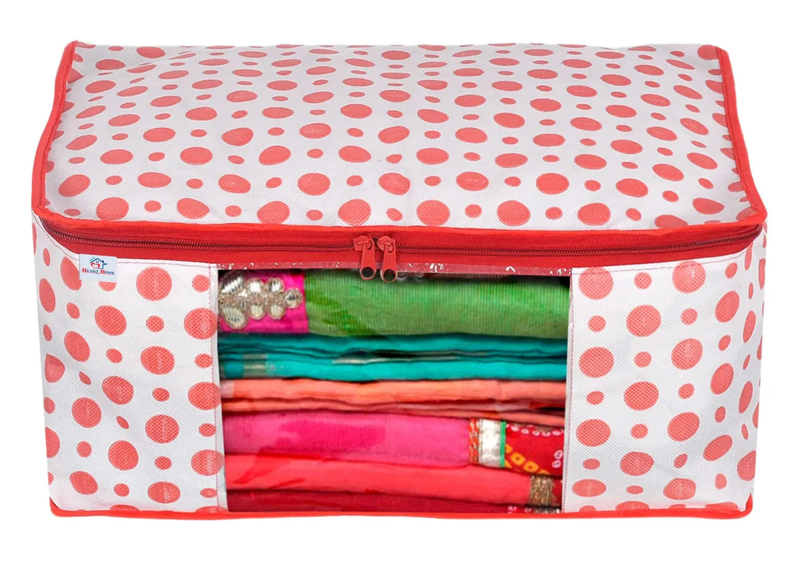 Heart Home Dot Printed Non-Woven Saree Cover, Cloth Organizer, Wardrobe Organiser With Tranasparent Window- Pack of 6 (Pink)-46HH0484