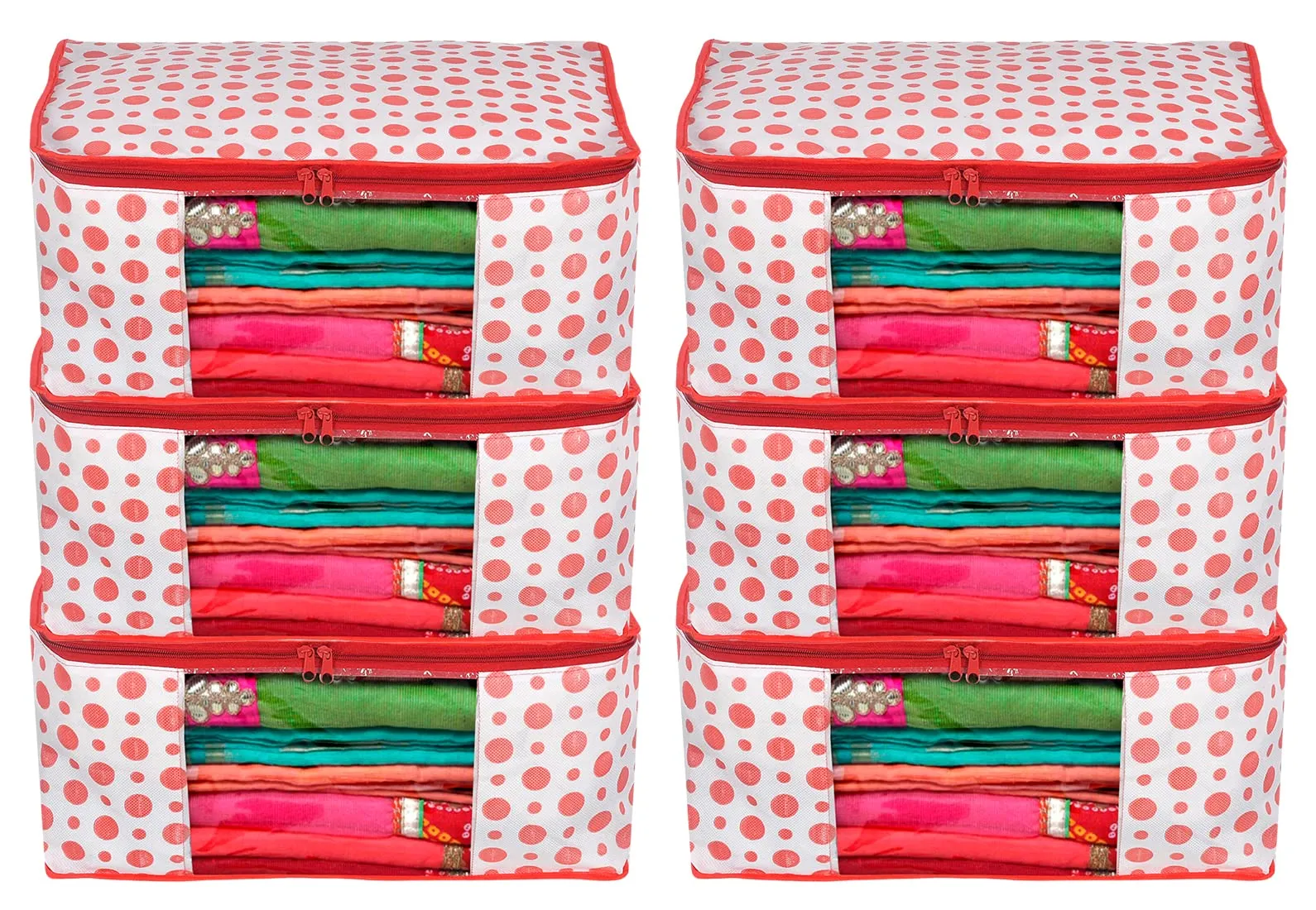 Heart Home Dot Printed Non-Woven Saree Cover, Cloth Organizer, Wardrobe Organiser With Tranasparent Window- Pack of 6 (Pink)-46HH0484