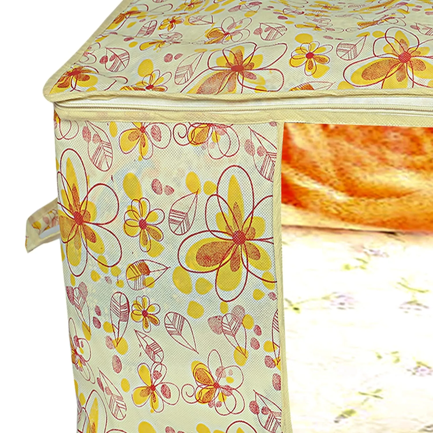 Heart Home Flower Design Non-woven Underbed, Strorage Organizer With Transparent Window- Pack of 12 (Yellow)-44HH0524