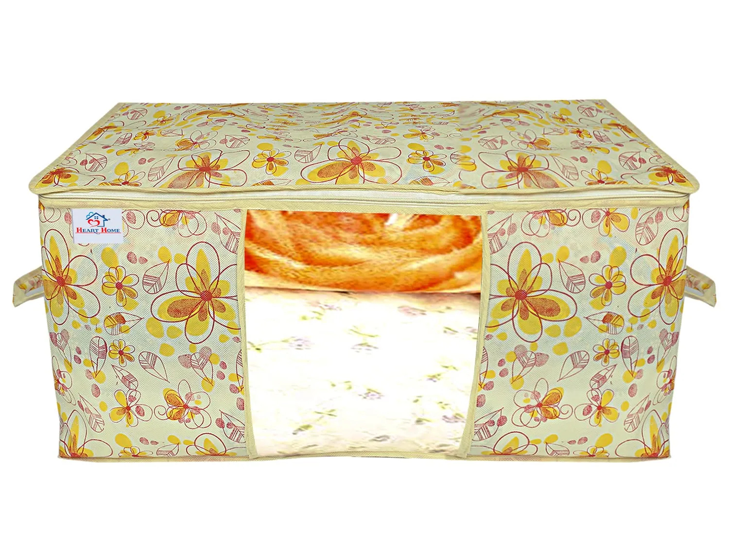 Heart Home Flower Design Non-woven Underbed, Strorage Organizer With Transparent Window- Pack of 12 (Yellow)-44HH0524