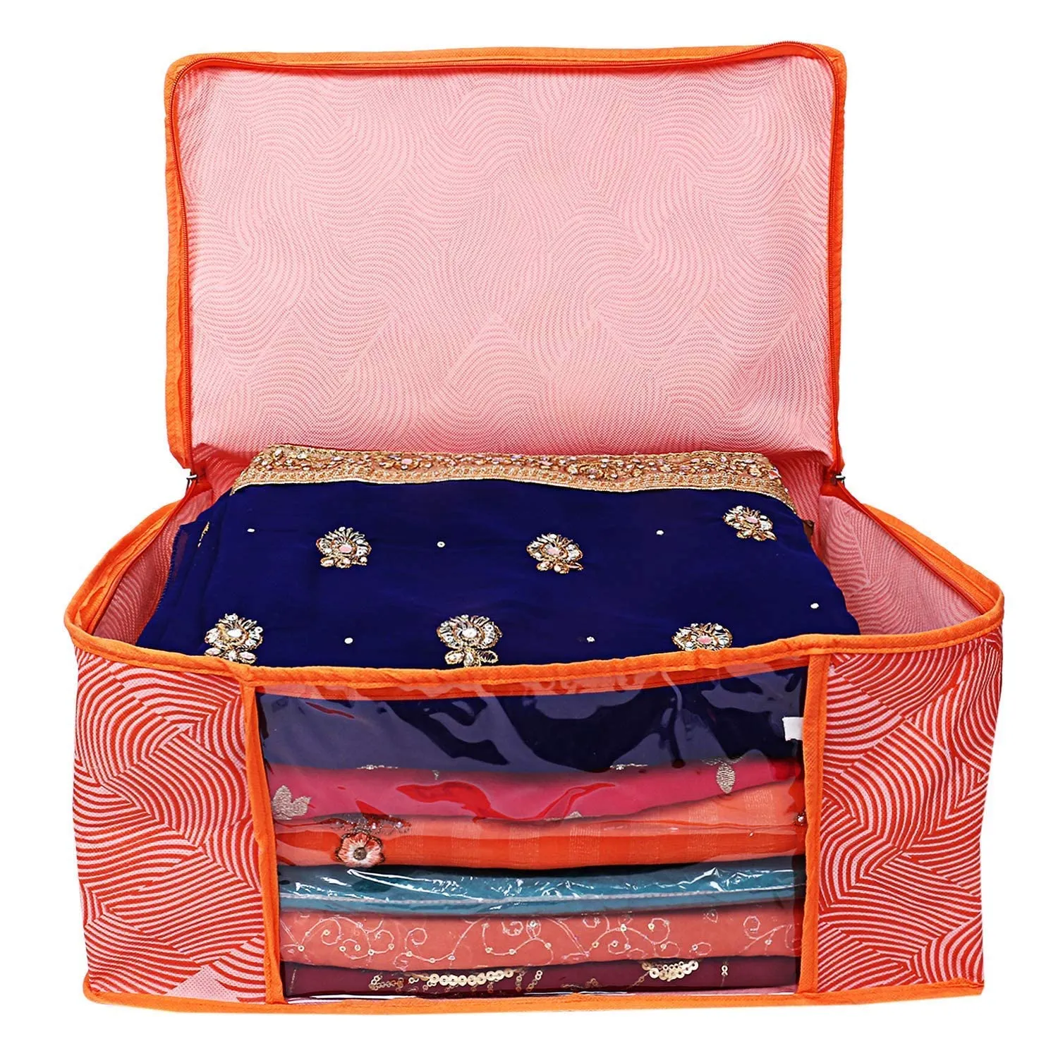 Heart Home Lahariya Design Non-woven Foldable Saree Cover/Clothes Storage Bag/Wardrobe Organizer With Transparent Window- Pack of 3 (Orange)-44HH0377