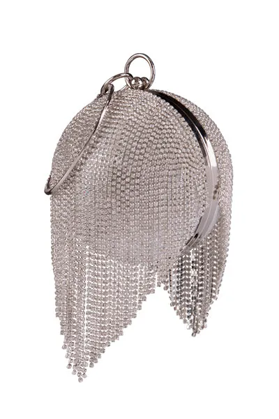 Hollywood Silver Crystal Diamante Tassel Wristlet Sphere Clutch Bag