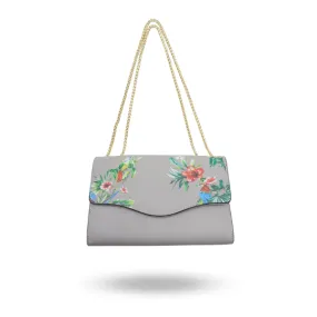 IVANHOE - Addison Road Taupe Leather Clutch Bag with Tropical Print