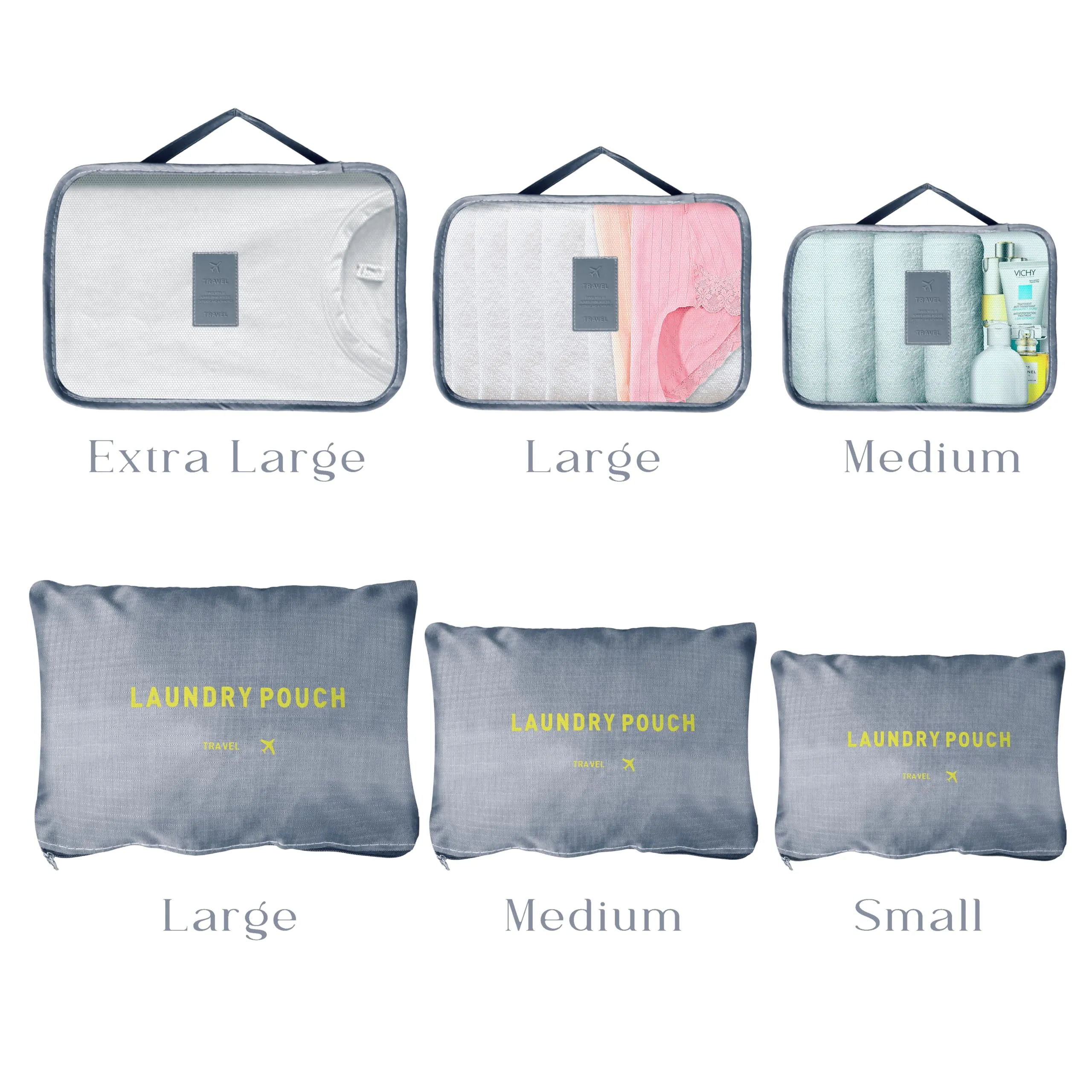 Kuber Industries 12 Pcs Travel Luggage Bag | Toiletry Bag for Jewellery-Watches-Bracelets | Multi-Purpose Storage Bag with Handle | Travel Utility Storage Pouches | LYN16-GRY | Grey | Pack of 2