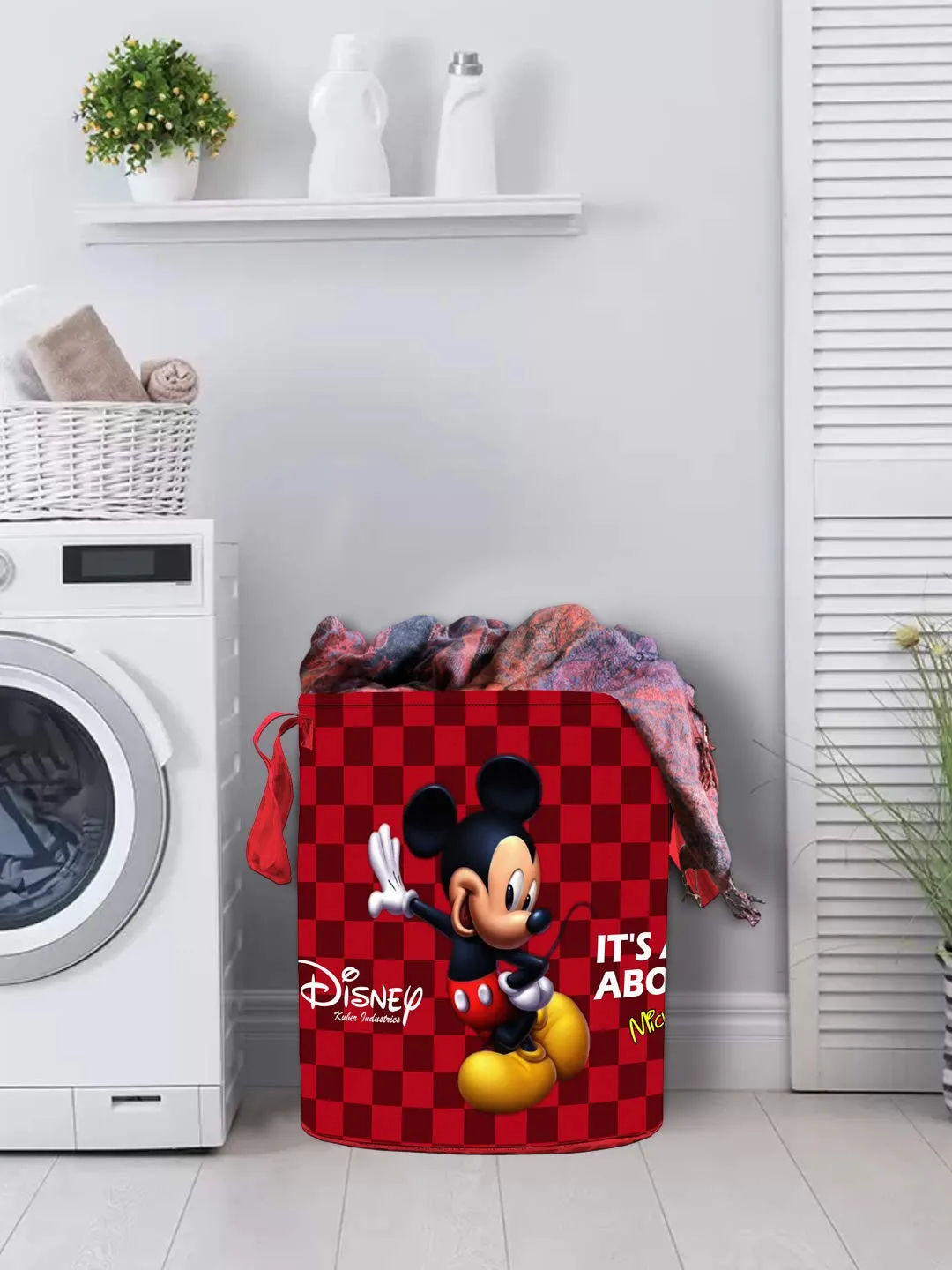 Kuber Industries Disney Mickey Print Non Woven Fabric Foldable Laundry Basket, Toy Storage Basket, Cloth Storage Basket with Handles,45 LTR (Maroon)