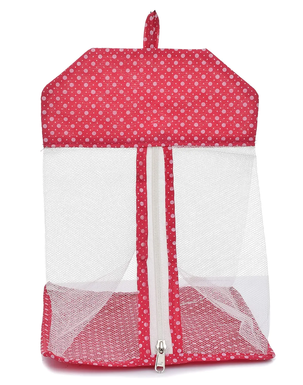 Kuber Industries Dot Printed Cotton Hanging Mesh Clothes Bag, Organizer For Store Socks, Underwear, Clothespins,Gadget,Cosmetic,Garlic,Onion With Zipper & Hanging Loop (Pink), (49KM0428)