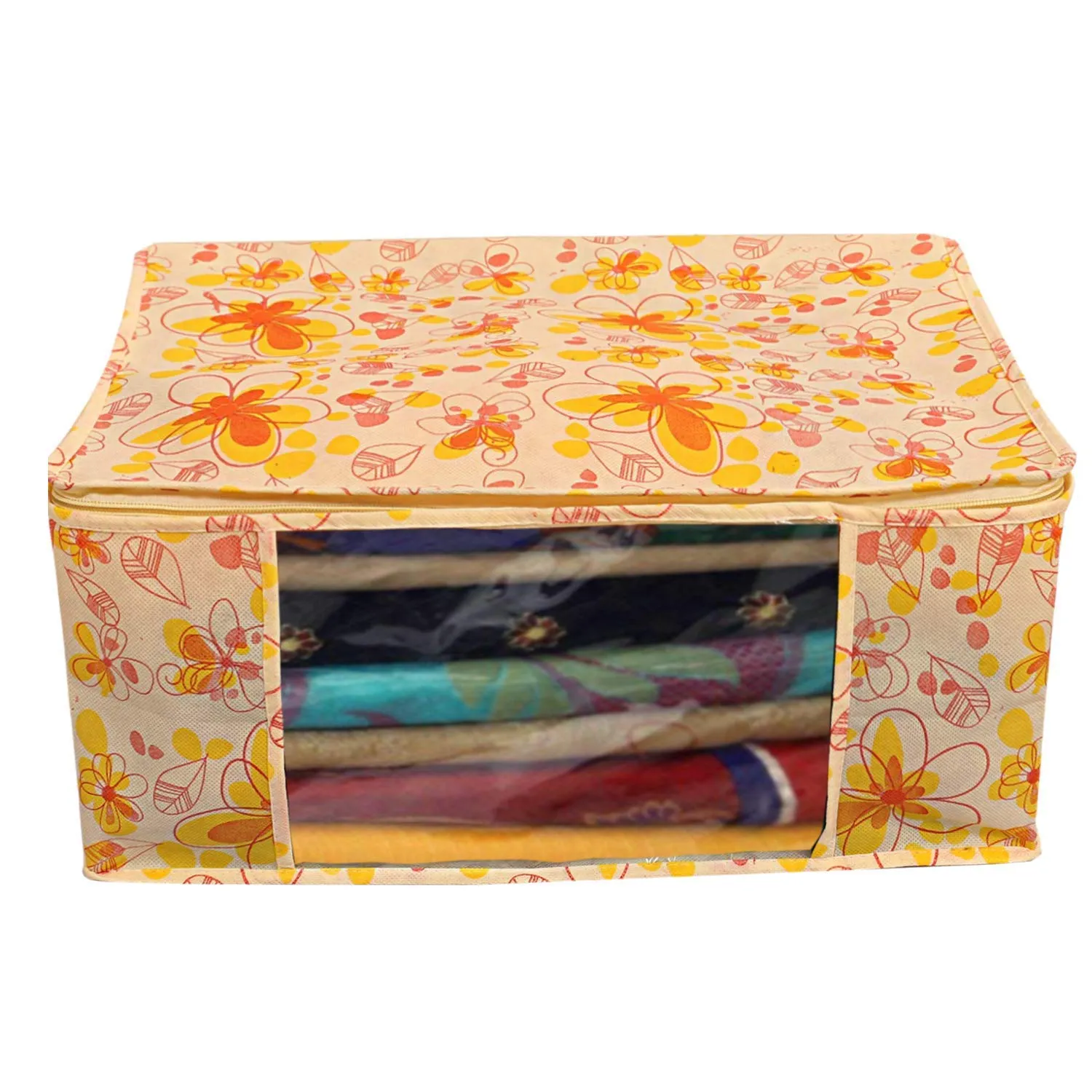 Kuber Industries Flower Printed Non Woven 3 Pieces Saree Cover and 3 Pieces Underbed Storage Bag, Cloth Organizer for Storage, Blanket Cover Combo Set (Ivory & Red) -CTKTC038636