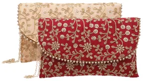 Kuber Industries Handcrafted Embroidered Clutch Bag Purse Handbag for Bridal, Casual, Party, Wedding (Maroon and Peach) - CTKTC034524-2 Pieces