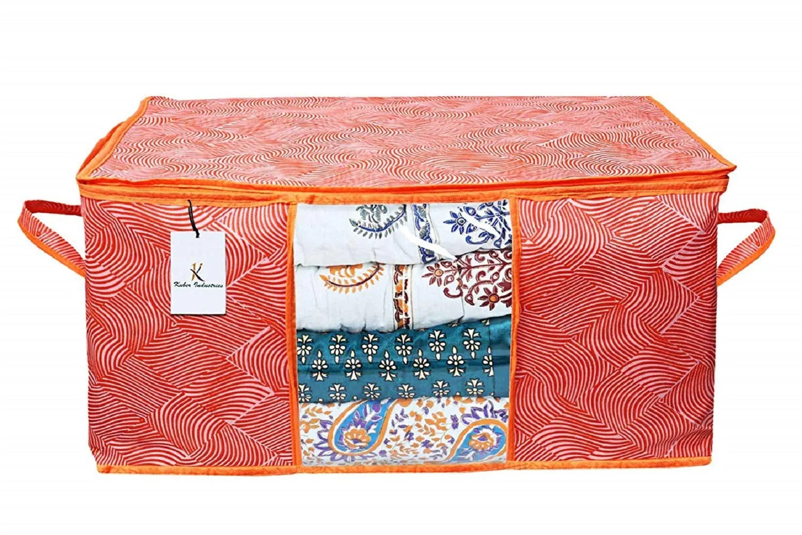 Kuber Industries Laheriya Printed Non Woven 3 Pieces Saree Cover and 2 Pieces Underbed Storage Bag, Cloth Organizer for Storage, Blanket Cover Combo Set (Orange) -CTKTC38694