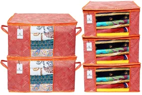 Kuber Industries Laheriya Printed Non Woven 3 Pieces Saree Cover and 2 Pieces Underbed Storage Bag, Cloth Organizer for Storage, Blanket Cover Combo Set (Orange) -CTKTC38694