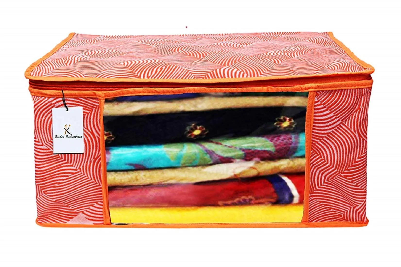 Kuber Industries Laheriya Printed Non Woven 3 Pieces Saree Cover and 2 Pieces Underbed Storage Bag, Cloth Organizer for Storage, Blanket Cover Combo Set (Orange) -CTKTC38694