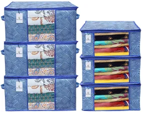 Kuber Industries Laheriya Printed Non Woven 3 Pieces Saree Cover and 3 Pieces Underbed Storage Bag, Cloth Organizer for Storage, Blanket Cover Combo Set (Blue) -CTKTC038683