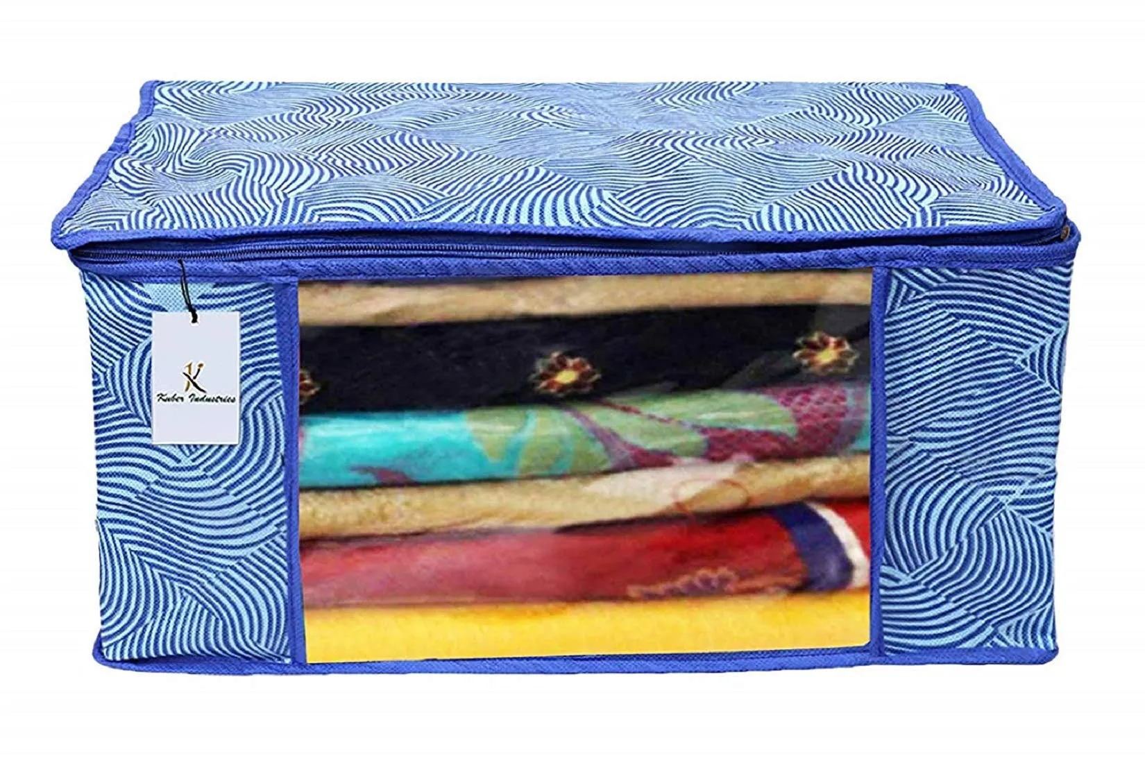 Kuber Industries Laheriya Printed Non Woven 3 Pieces Saree Cover and 3 Pieces Underbed Storage Bag, Cloth Organizer for Storage, Blanket Cover Combo Set (Blue) -CTKTC038683