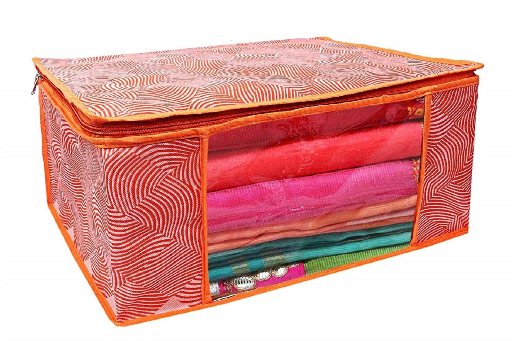 Kuber Industries Laheriya Printed Non Woven 6 Pieces Saree Cover And 6 Pieces Underbed Storage Bag, Cloth Organizer For Storage, Blanket Cover Combo Set (Orange) -CTLTC038701