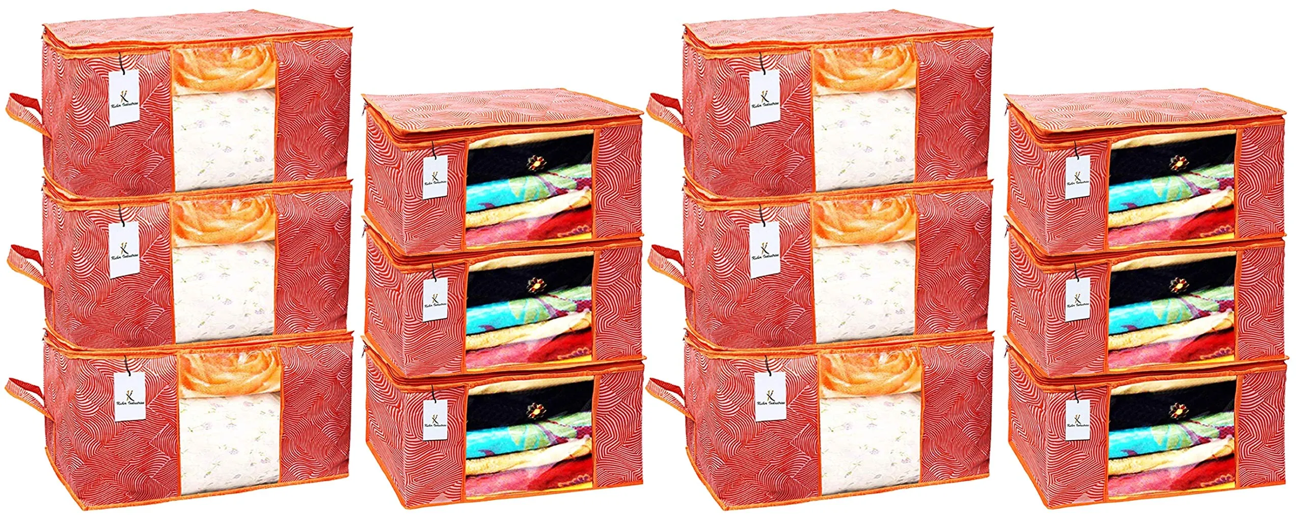 Kuber Industries Laheriya Printed Non Woven 6 Pieces Saree Cover And 6 Pieces Underbed Storage Bag, Cloth Organizer For Storage, Blanket Cover Combo Set (Orange) -CTLTC038701