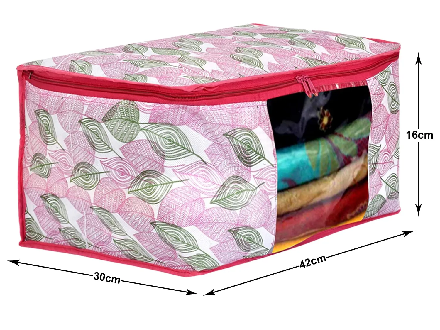 Kuber Industries Leaf Design Non-wovenNon-woven Foldable Saree Cover|Clothes Storage Bag/Wardrobe Organizer|Zipper Closer With Transparent Window|Size 46 x 32 x 22 CM|Pack of 3 (Pink)-44KM0361