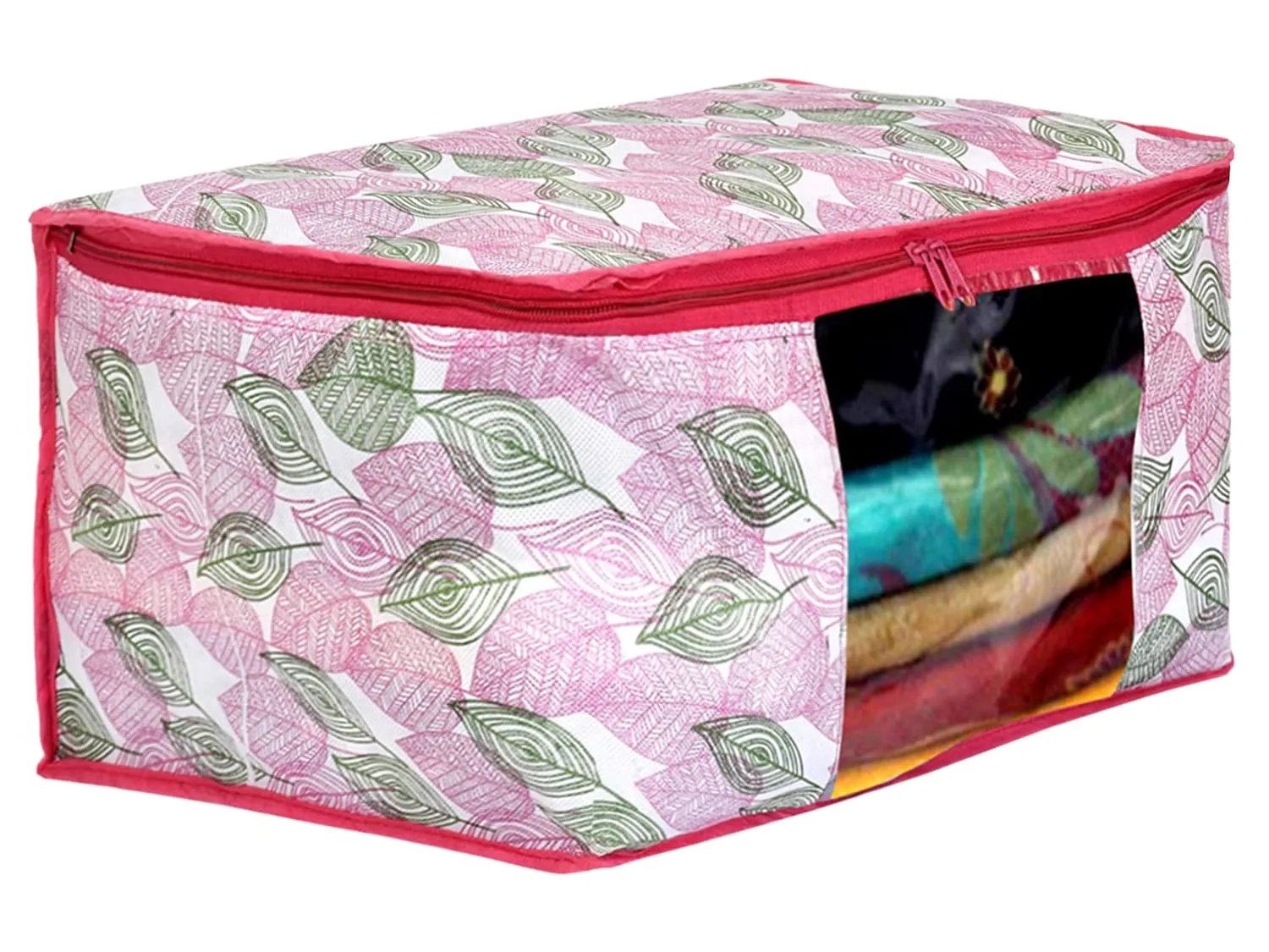 Kuber Industries Leaf Design Non-wovenNon-woven Foldable Saree Cover|Clothes Storage Bag/Wardrobe Organizer|Zipper Closer With Transparent Window|Size 46 x 32 x 22 CM|Pack of 3 (Pink)-44KM0361