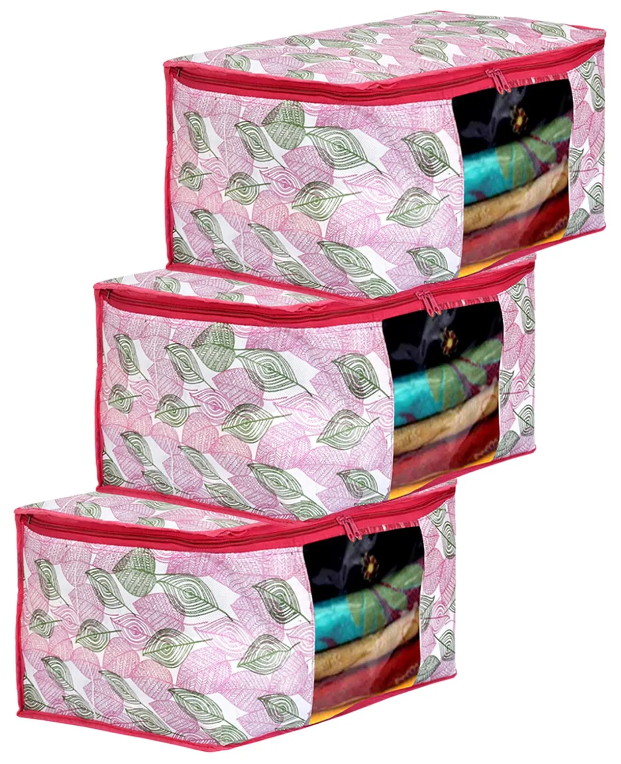 Kuber Industries Leaf Design Non-wovenNon-woven Foldable Saree Cover|Clothes Storage Bag/Wardrobe Organizer|Zipper Closer With Transparent Window|Size 46 x 32 x 22 CM|Pack of 3 (Pink)-44KM0361