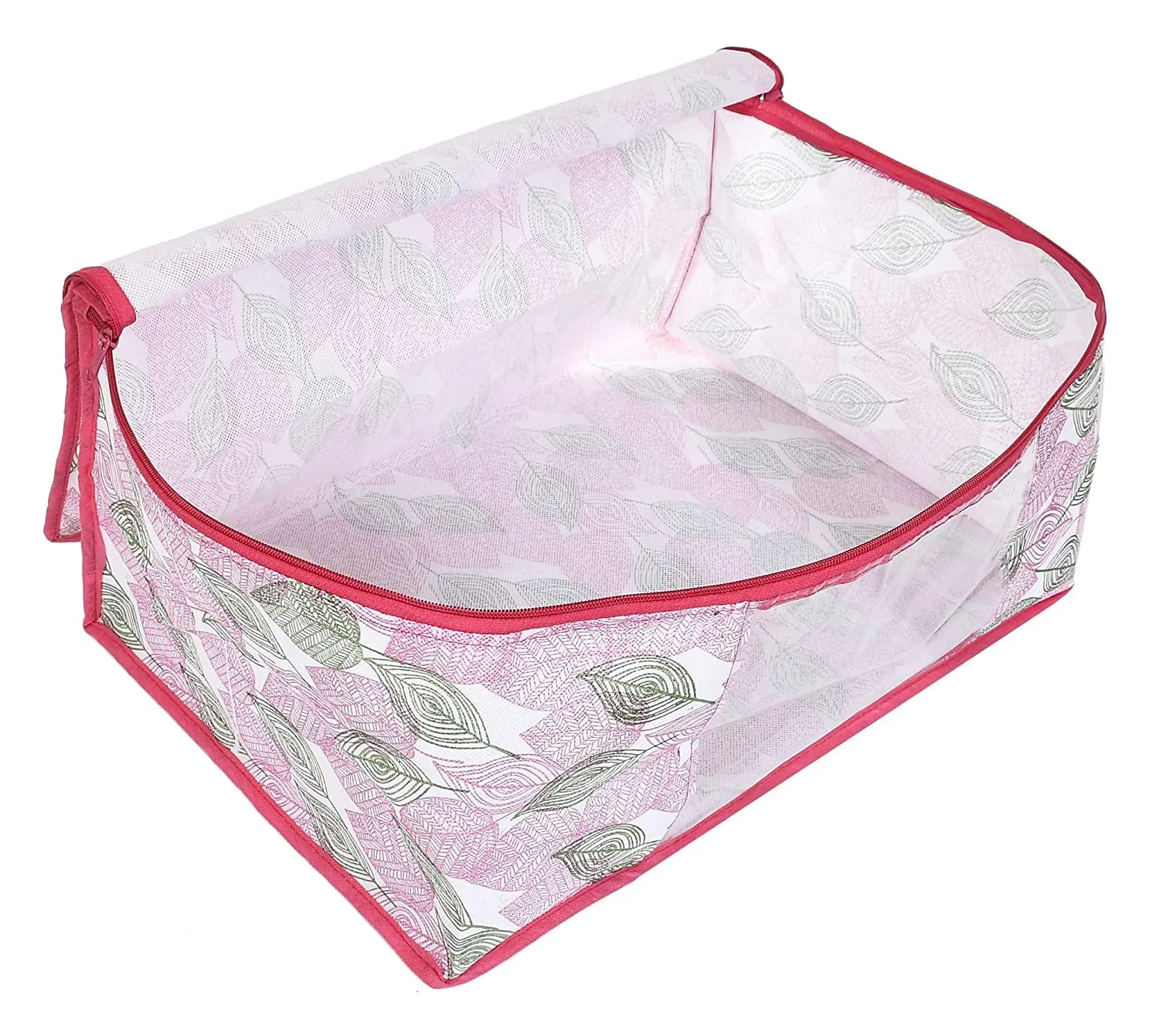 Kuber Industries Leaf Design Non-wovenNon-woven Foldable Saree Cover|Clothes Storage Bag/Wardrobe Organizer|Zipper Closer With Transparent Window|Size 46 x 32 x 22 CM|Pack of 3 (Pink)-44KM0361