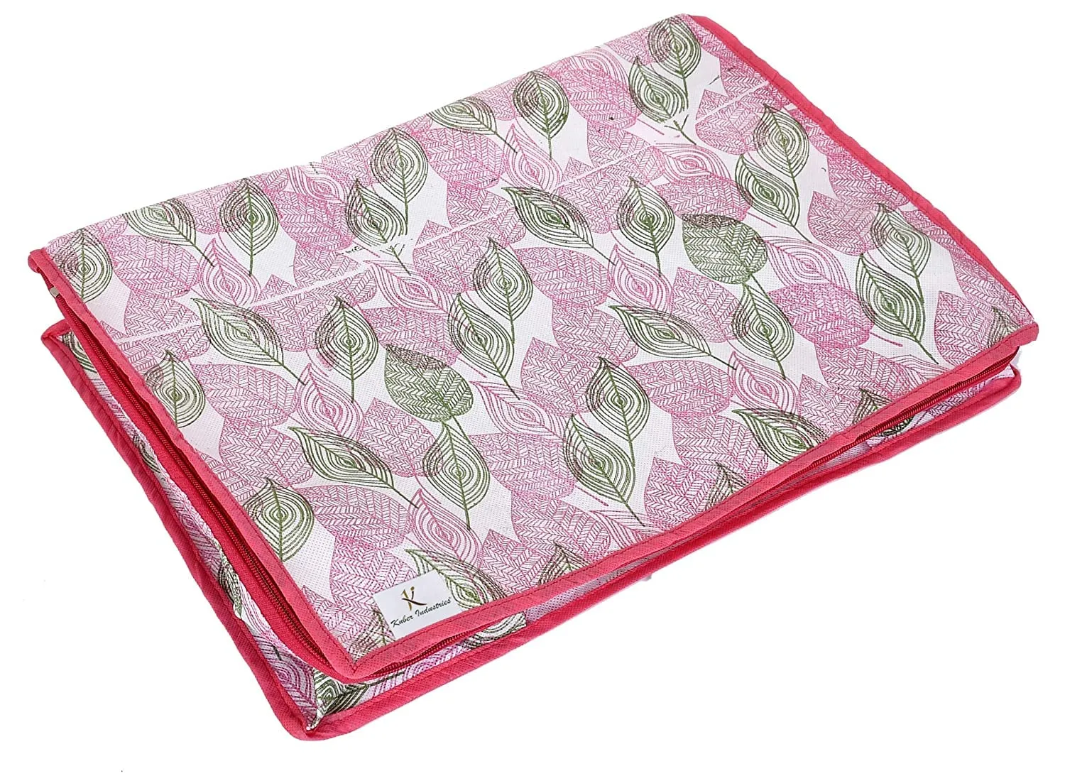 Kuber Industries Leaf Design Non-wovenNon-woven Foldable Saree Cover|Clothes Storage Bag/Wardrobe Organizer|Zipper Closer With Transparent Window|Size 46 x 32 x 22 CM|Pack of 3 (Pink)-44KM0361