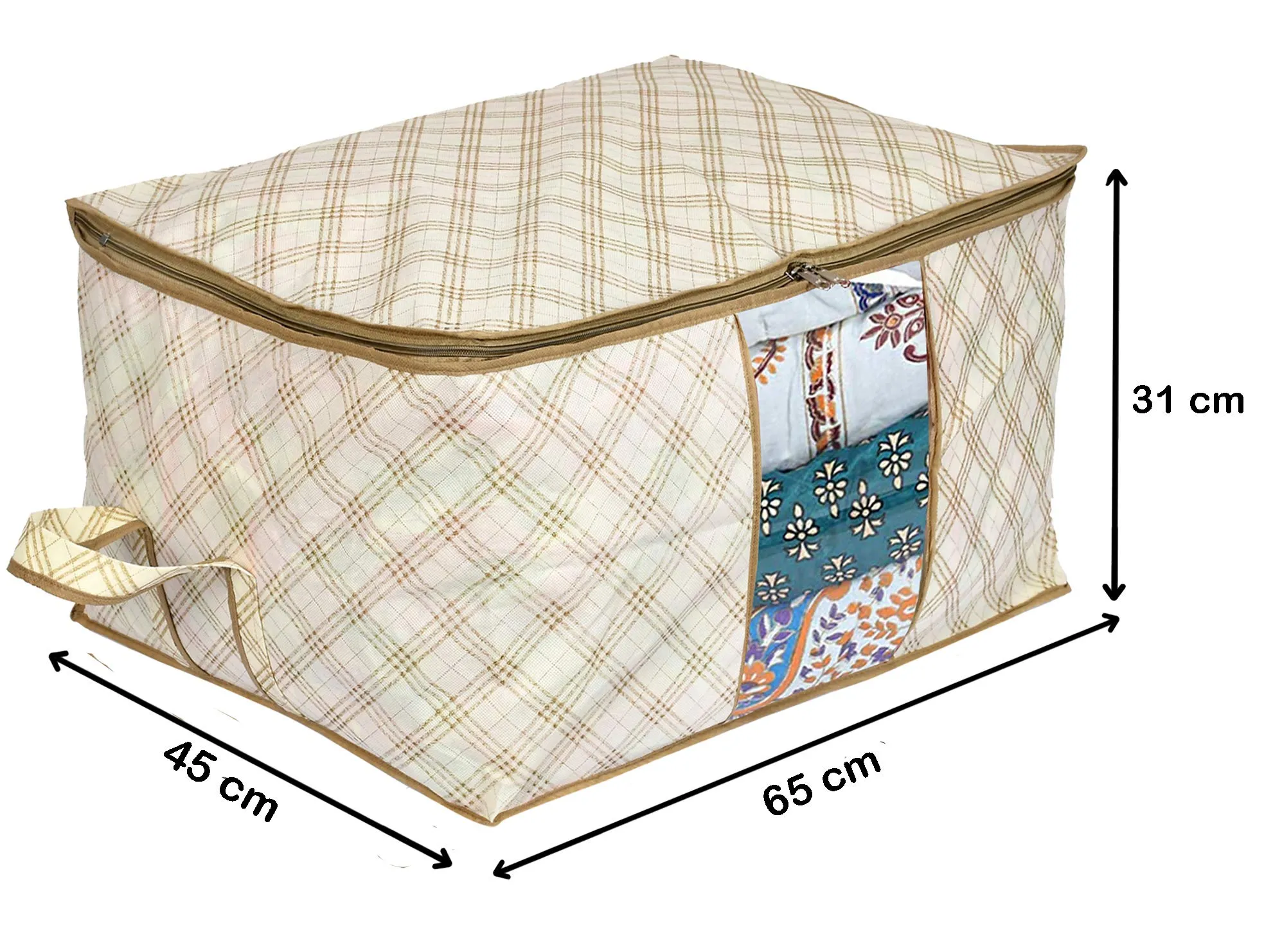 Kuber Industries Metalic Leafy,Checkered Print Non Woven 6 Pieces Underbed Storage Bag,Cloth Organiser,Blanket Cover with Transparent Window (Ivory & Pink)-KUBMART16645