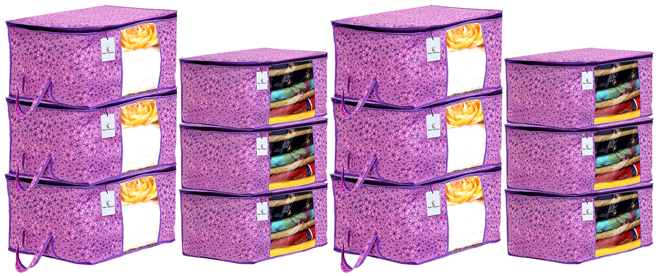 Kuber Industries Metallic Printed Non Woven 6 Pieces Saree Cover And 6 Pieces Underbed Storage Bag, Cloth Organizer For Storage, Blanket Cover Combo Set (Pink & Purple) -CTKTC038581