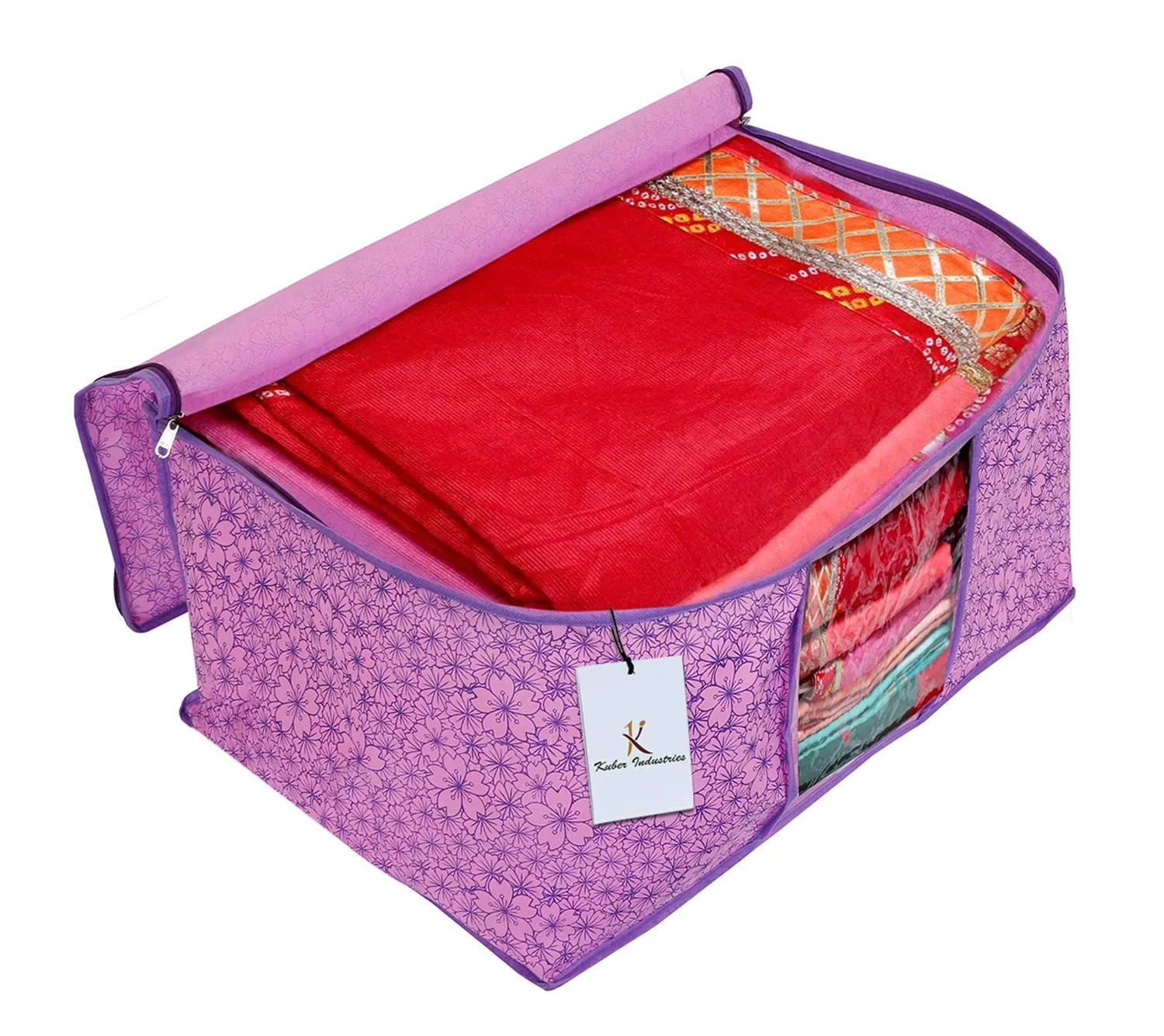 Kuber Industries Metallic Printed Non Woven 6 Pieces Saree Cover And 6 Pieces Underbed Storage Bag, Cloth Organizer For Storage, Blanket Cover Combo Set (Pink & Purple) -CTKTC038581