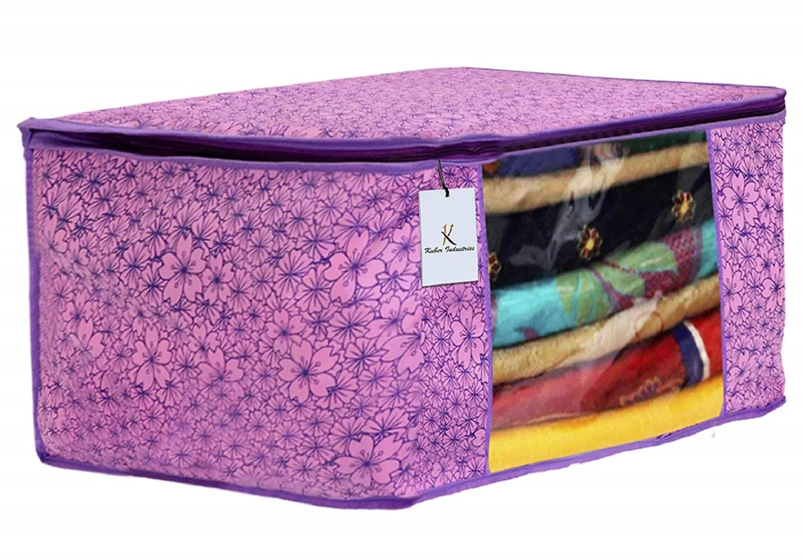 Kuber Industries Metallic Printed Non Woven 6 Pieces Saree Cover And 6 Pieces Underbed Storage Bag, Cloth Organizer For Storage, Blanket Cover Combo Set (Pink & Purple) -CTKTC038581