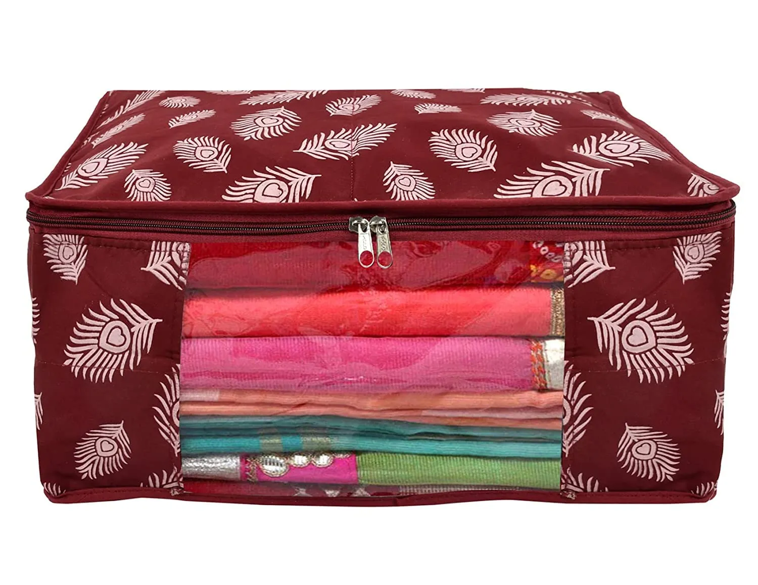 Kuber Industries Multiuses Foldable Parachute Saree Covers/Clothes Storage Bag/Wardrobe Organizer With Transparent Window (Maroon)