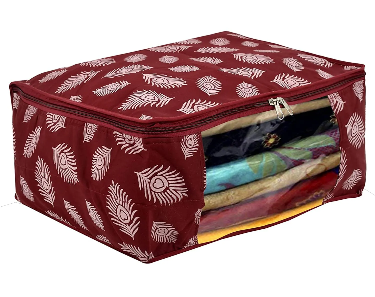 Kuber Industries Multiuses Foldable Parachute Saree Covers/Clothes Storage Bag/Wardrobe Organizer With Transparent Window (Maroon)