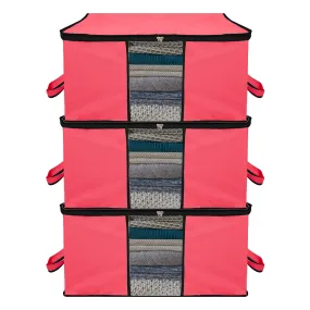 Kuber Industries Underbed Storage Bag | Clothes Storage Organizer | Blanket Cover with Clear Window | Zipper Closure & Handle Cloth Organizer | Plain Black Border | Large | Pack of 3 | Pink