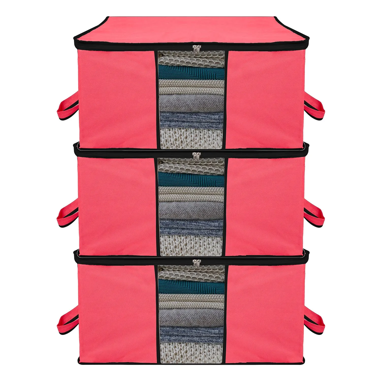 Kuber Industries Underbed Storage Bag | Clothes Storage Organizer | Blanket Cover with Clear Window | Zipper Closure & Handle Cloth Organizer | Plain Black Border | Large | Pack of 3 | Pink