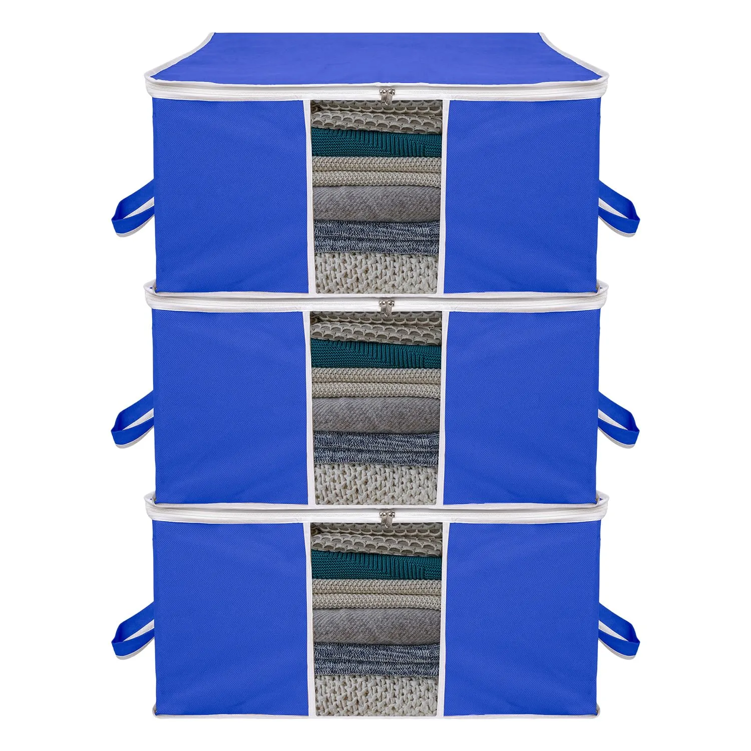 Kuber Industries Underbed Storage Bag | Clothes Storage Organizer | Blanket Cover with Clear Window | Zipper Closure & Handle Cloth Organizer | Plain White Border | Large | Pack of 3 | Royal Blue