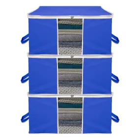 Kuber Industries Underbed Storage Bag | Clothes Storage Organizer | Blanket Cover with Clear Window | Zipper Closure & Handle Cloth Organizer | Plain White Border | Large | Pack of 3 | Royal Blue