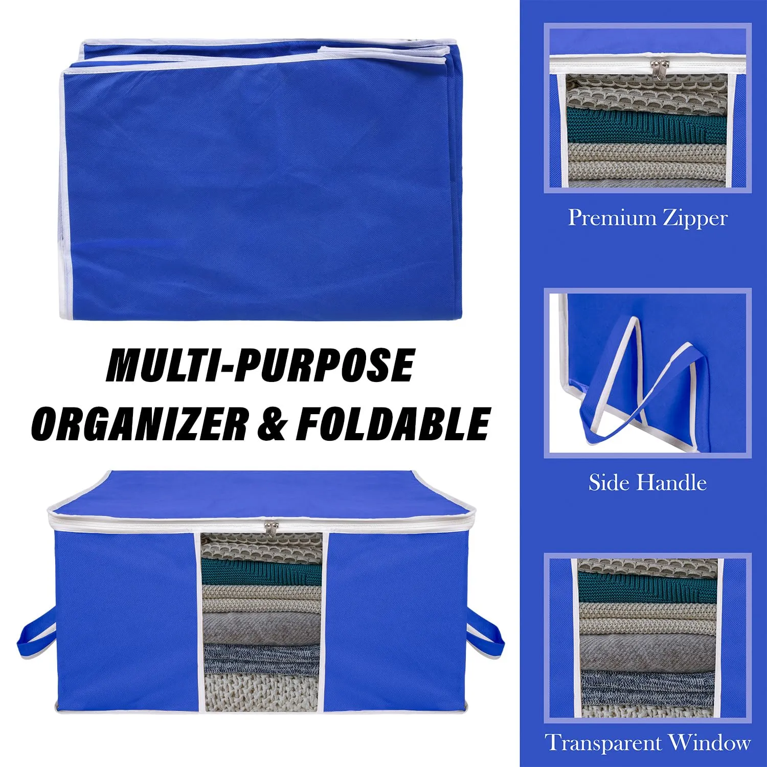 Kuber Industries Underbed Storage Bag | Clothes Storage Organizer | Blanket Cover with Clear Window | Zipper Closure & Handle Cloth Organizer | Plain White Border | Large | Pack of 3 | Royal Blue